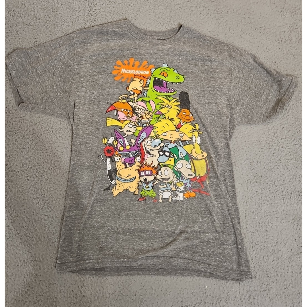 Nickelodeon T Shirt Mens LARGE Gray Characters Rugrats‎ Ren Stimpy Arnold